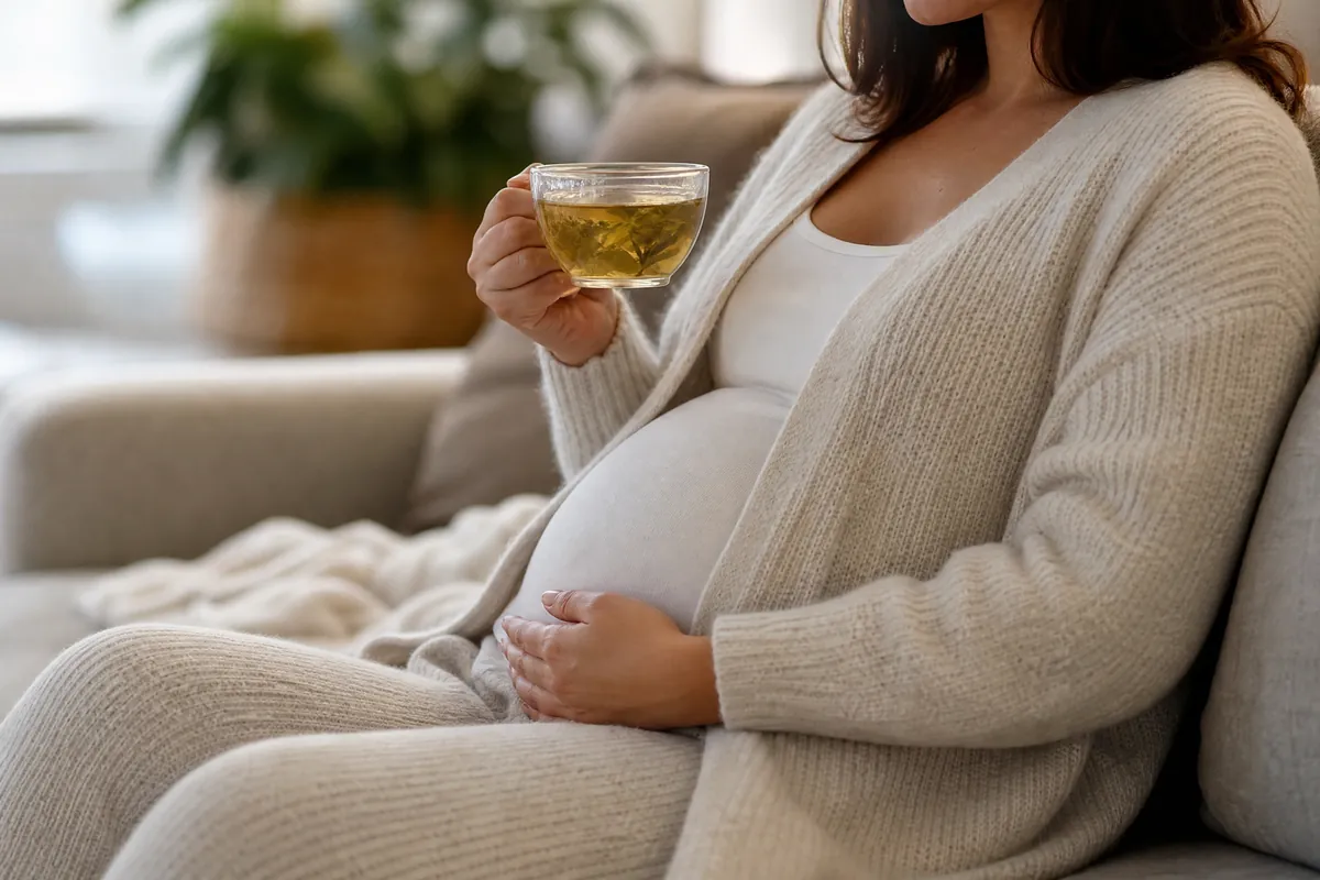 Frau mit Tee auf dem Sofa, Hand auf dem Bauch