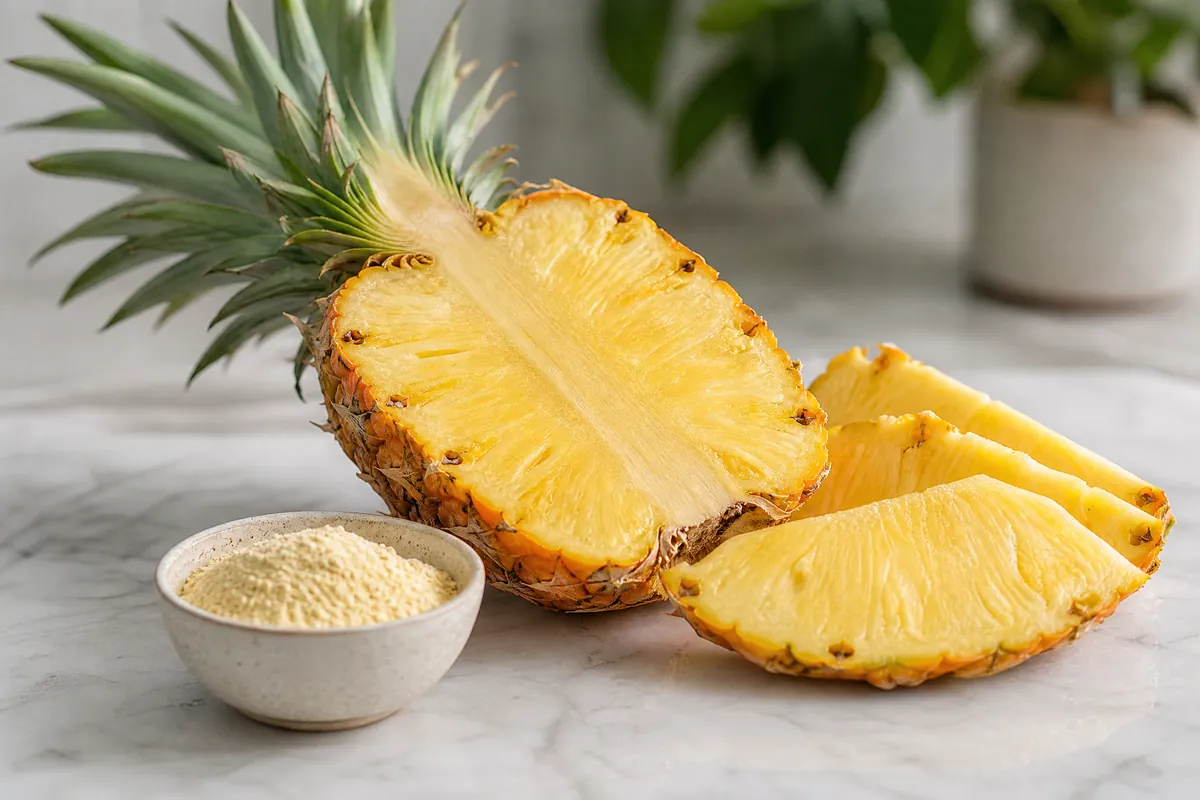 Aufgeschnittene Ananas mit Stamm als Quelle für das Enzym Bromelain